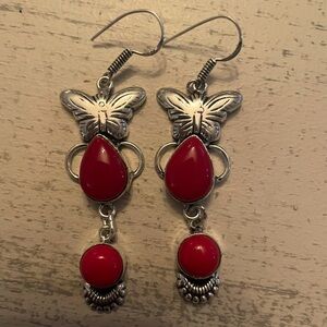 New: Solid Sterling Silver Red Turquoise Butterfly Dangle Earrings